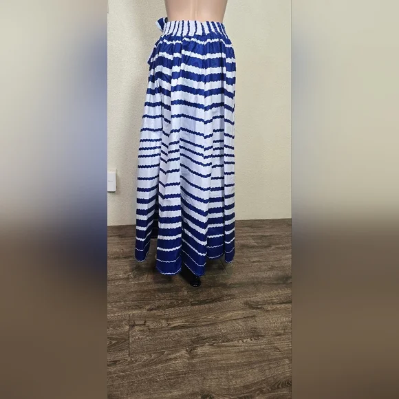 NF Striped 100% Cotton Box Pleated Maxi Skirt Blue/ White One Size Whit Pockets - Picture 15 of 16